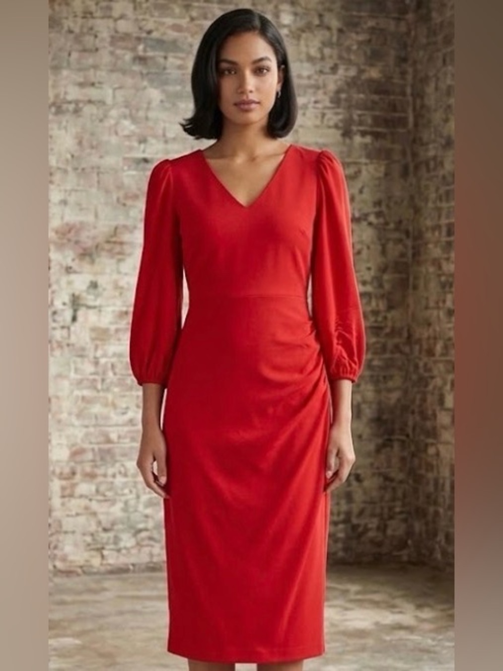 Eliza J Scarlet Red V-Neck Midi Dress with 
Three-Quarter Sleeves